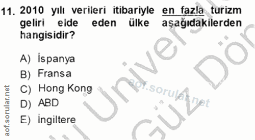 11. soru: 2010 yılı verileri itibariyle en fazla turizm geliri elde eden ülke aşağıdakilerden hangisidir? A) İspanya B) Fransa…