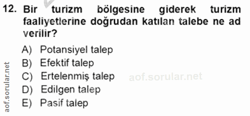 12. soru: Bir 12. Bir turizm bölgesine giderek turizm giderek faaliyetlerine doğrudan katılan talebe ne ad verilir? A) Potansiy…