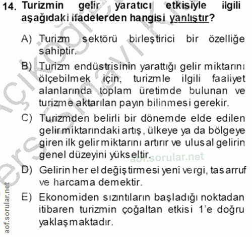 14. soru: Turizmin gelir , yaratıcı etkisiyle ilgili aşağıdaki ifadelerden hangisi yanlıştır? A) Turizm sektörü birleştirici bi…
