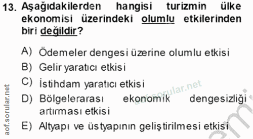 13. soru: Aşağıdakilerden hangisi turizmin ülke ekonomisi üzerindeki olumlu etkilerinden biri değildir? A) Ödemeler dengesi üze…
