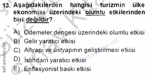 13. soru: Aşağıdakilerden hangisi turizmin ülke ekonomisi üzerindeki olumlu etkilerinden biri değildir? A) Ödemeler dengesi üze…