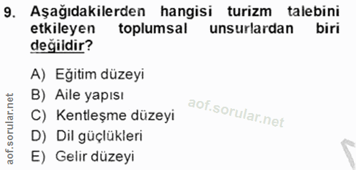 9. soru: Aşağıdakilerden hangisi turizm talebini etkileyen toplumsal unsurlardan biri değildir? A) Eğitim düzeyi B) Aile yapıs…