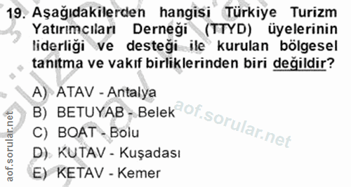19. soru: Aşağıdakilerden hangisi Türkiye Turizm Yatırımcıları Derneği (TTYD) üyelerinin liderliği ve desteği ile kurulan bölge…
