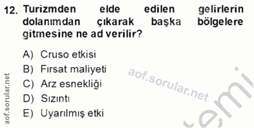 12. soru: Turizmden elde edilen gelirlerin dolanımdan çıkarak başka bölgelere gitmesine ne ad verilir? A) Cruso etkisi B) Fırsa…