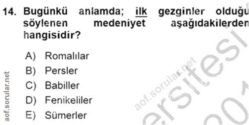 14. soru: Bugünkü anlamda; ilk gezginler olduğu söylenen medeniyet aşağıdakilerder hangisidir? A)Romalılar B) Persler C) Babill…