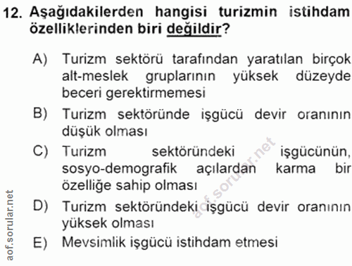 12. soru: Aşağıdakilerden hangisi turizmin istihdam özelliklerinden biri değildir? A) Turizm sektörü tarafından yaratılan birço…