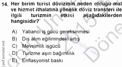14. soru: Her birim turist dövizinin neden olduğu mal ve hizmet ithalatına yönelik döviz transferi ile ilgili turizmin etkisi a…