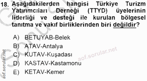 18. soru: Aşağıdakilerden hangisi Türkiye Turizm Yatırımcıları Derneği (TTYD) üyelerinin liderliği ve desteği ile kurulan bölge…
