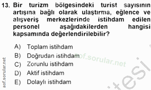 13. soru: Bir turizm bölgesindeki turist sayısının artışına bağlı olarak ulaştırma, eğlence ve alışveriş merkezlerinde istihdam…