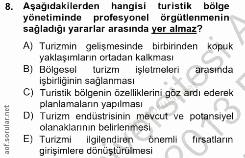 8. soru: Aşağıdakilerden hangisi turistik bölge yönetiminde profesyonel örgütlenmenin sağladığı yararlar arasında yer almaz? A…