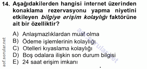 14. soru: Aşağıdakilerden hangisi internet üzerinden konaklama rezervasyonu yapma niyetini etkileyen bilgiye erişim kolaylığı f…