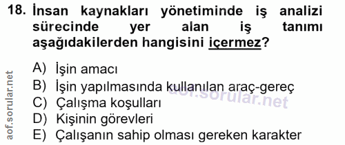 18. soru: Insan kaynakları yönetiminde iş analizi sürecinde yer alan iş tanımı aşağıdakilerden hangisini içermez? A) İşin amacı…