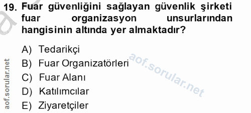 19. soru: Fuar güvenliğini sağlayan güvenlik şirketi fuar organizasyon unsurlarından hangisinin altında yer almaktadır? A) Teda…