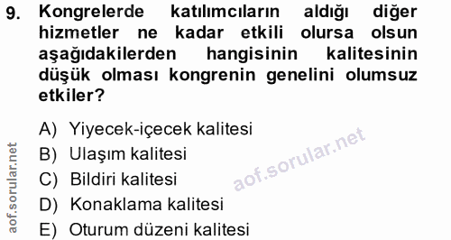 9. soru: Kongrelerde katılımcıların aldığı diğer hizmetler ne kadar etkili olursa olsun aşağıdakilerden hangisinin kalitesinin…