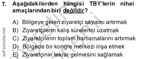 7. soru: Aşağıdakilerden hangisi TBY'lerin nihai amaçlarından biri değildir? A) Bölgeye gelen ziyaretçi sayısını artırmak B) Z…