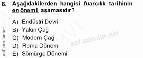 8. soru: Aşağıdakilerden hangisi fuarılık tarihinin en önemli aşamasıdır? A) Endüstri Devri B) Yakın Çağ C) Modern Çağ D) Roma…