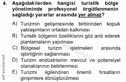 4. soru: Aşağıdakilerden hangisi turistik bölge yönetiminde profesyonel örgütlenmenin sağladığı yararlar arasında yer almaz? A…