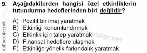 9. soru: Aşağıdakilerden hangisi özel etkinliklerin tutundurma hedeflerinden biri değildir? A) Pozitif bir imaj yaratmak B) Et…