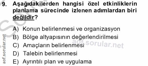 9. soru: Aşağıdakilerden hangisi özel etkinliklerin planlama sürecinde izlenen adımlardan biri değildir? A) Konun belirlenmesi…