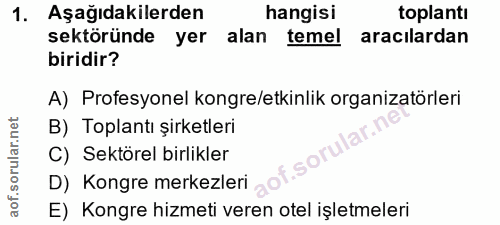 1. soru: Aşağıdakilerden hangisi toplantı sektöründe yer alan temel aracılardan biridir? A) Profesyonel kongre/etkinlik organi…