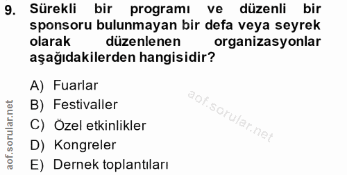 9. soru: Sürekli bir programı ve düzenli bir sponsoru bulunmayan bir defa veya seyrek olarak düzenlenen organizasyonlar aşağıd…
