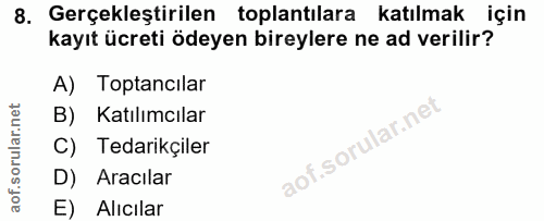 8. soru: Gerçekleştirilen toplantılara katılmak için kayıt ücreti ödeyen bireylere ne ad verilir? A) Toptancılar B) Katılımcıl…