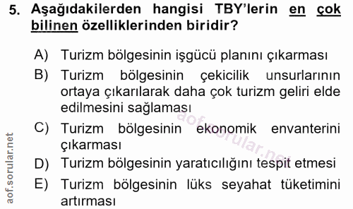 5. soru: Aşağıdakilerden hangisi TBY'lerin en çok bilinen özelliklerinden biridir? A) Turizm bölgesinin işgücü planını çıkarma…