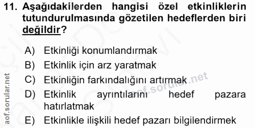 11. soru: Aşağıdakilerden hangisi özel etkinliklerin tutundurulmasında gözetilen hedeflerden biri değildir? A) Etkinliğı konuml…