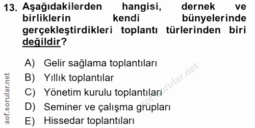 13. soru: Aşağıdakilerden hangisi, dernek ve birliklerin kendi bünyelerinde gerçekleştirdikleri toplantı türlerinden biri değil…