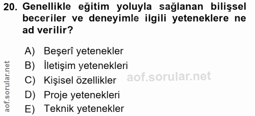 20. soru: Genellikle eğitim yoluyla sağlanan bilişsel beceriler ve deneyimle ilgili yeteneklere ne ad verilir? A) Beşerî yetene…