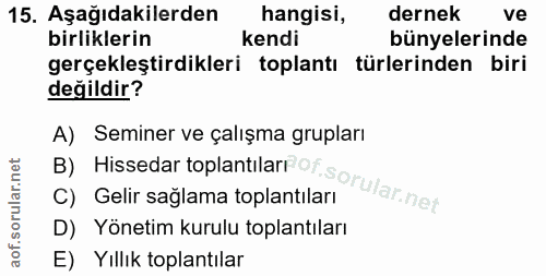 15. soru: Aşağıdakilerden hangisi, dernek ve birliklerin kendi bünyelerinde gerçekleştirdikleri toplantı türlerinden biri değil…