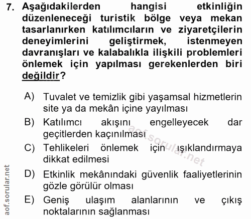 7. soru: Aşağıdakilerden hangisi etkinliğin düzenleneceği turistik bölge veya mekan tasarlanırken katılımcıların ve ziyaretçil…