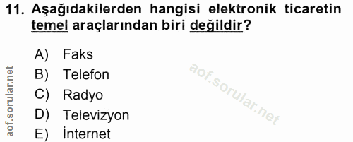 11. soru: Aşağıdakilerden hangisi elektronik ticaretin temel araçlarından biri değildir? A) Faks B) Telefon C) Radyo D) Televiz…