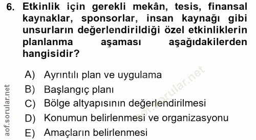 6. soru: Etkinlik için gerekli mekân, tesis, finansal kaynaklar, sponsorlar, insan kaynağı gibi unsurların değerlendirildiği ö…