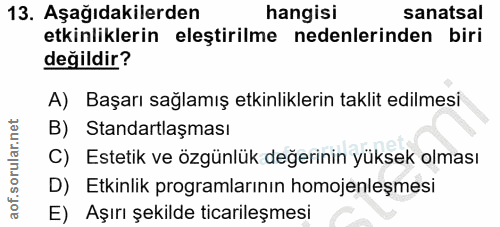 13. soru: Aşağıdakilerden hangisi sanatsal etkinliklerin eleştirilme nedenlerinden biri değildir? A) Başarı sağlamış etkinlikle…