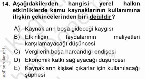 14. soru: Aşağıdakilerden hangisi yerel halkın etkinliklerde kamu kaynaklarının kullanımına ilişkin çekincelerinden biri değild…