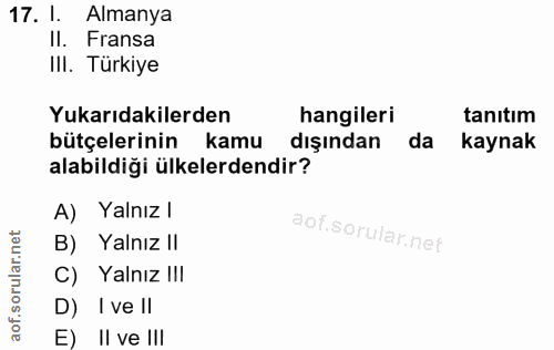 17. soru: I. Almanya II. Fransa IlI. Türkiye Yukarıdakilerden hangileri tanıtım bütçelerinin kamu dışından da kaynak alabildiği…