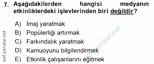7. soru: Aşağıdakilerden hangisi medyanın etkinliklerdeki işlevlerinden biri değildir? A) Imaj yaratmak B) Popülerliği artırma…