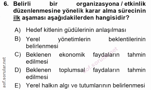 6. soru: Belirli bir organizasyona / etkinlik düzenlenmesine yönelik karar alma sürecinin ilk aşaması aşağıdakilerden hangisid…