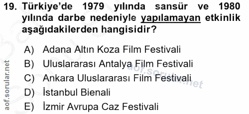19. soru: Türkiye'de 1979 yılında sansür ve 1980 yılında darbe nedeniyle yapılamayan etkinlik aşağıdakilerden hangisidir? A) Ad…
