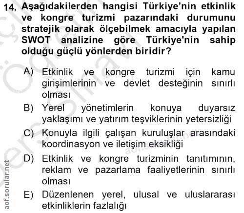 14. soru: Aşağıdakilerden hangisi Türkiye'nin etkinlik ve kongre turizmi pazarındaki durumunu stratejik olarak ölçebilmek amacı…