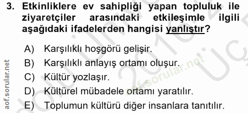 3. soru: Etkinliklere ev sahipliği yapan topluluk ile ziyaretçiler arasındaki etkileşimle ilgili aşağıdaki ifadelerden hangisi…