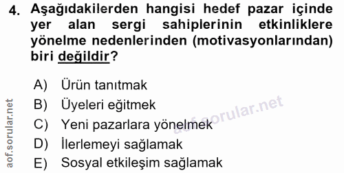 4. soru: Aşağıdakilerden hangisi hedef pazar içinde yer alan sergi sahiplerinin etkinliklere yönelme nedenlerinden (motivasyon…