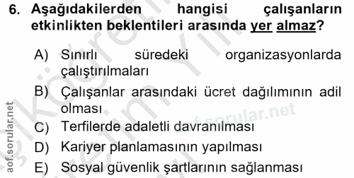 6. soru: Aşağıdakilerden hangisi çalışanların etkinlikten beklentileri arasında yer almaz? A) Sınırlı süredeki organizasyonlar…