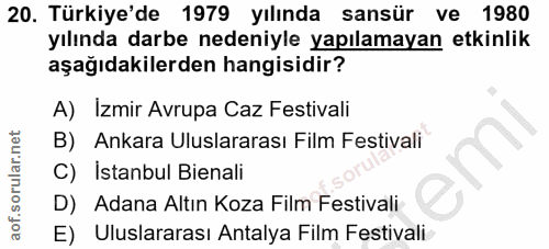 20. soru: Türkiye'de 1979 yılında sansür ve 1980 yılında darbe nedeniyle yapılamayan etkinlik aşağıdakilerden hangisidir? A) Iz…