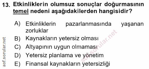 13. soru: Etkinliklerin olumsuz sonuçlar doğurmasının temel nedeni aşağıdakilerden hangisidir? A) Etkinliklerin pazarlanmasında…