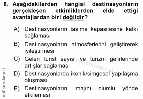 8. soru: Aşağıdakilerden hangisi destinasyonların gerçekleşen etkinliklerden elde ettiği avantajlardan biri değildir? A) Desti…