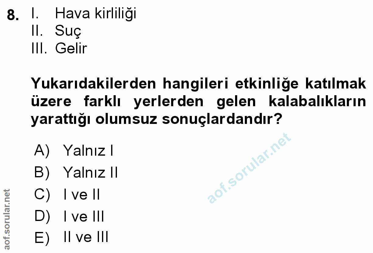 8. soru: l. Hava kirliliği II. Suç IlI. Gelir Yukarıdakilerden hangileri etkinliğe katılmak üzere farklı yerlerden gelen kalab…