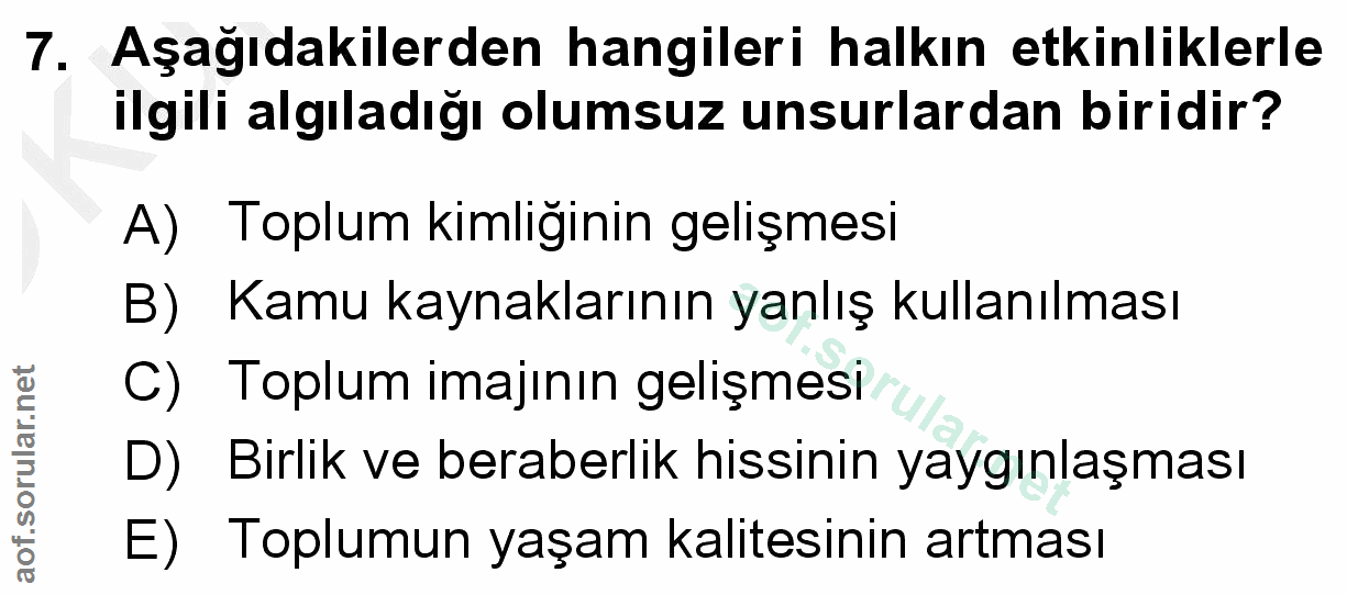 7. soru: Aşağıdakilerden hangileri halkın etkinliklerle ilgili algıladığı olumsuz unsurlardan biridir? A) Toplum kimliğinin ge…