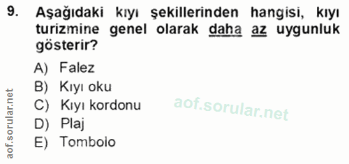 9. soru: Aşağıdaki kıyı şekillerinden hangisi, kıyı turizmine genel olarak daha az uygunluk gösterir? A) Falez B) Kıyı oku C)…